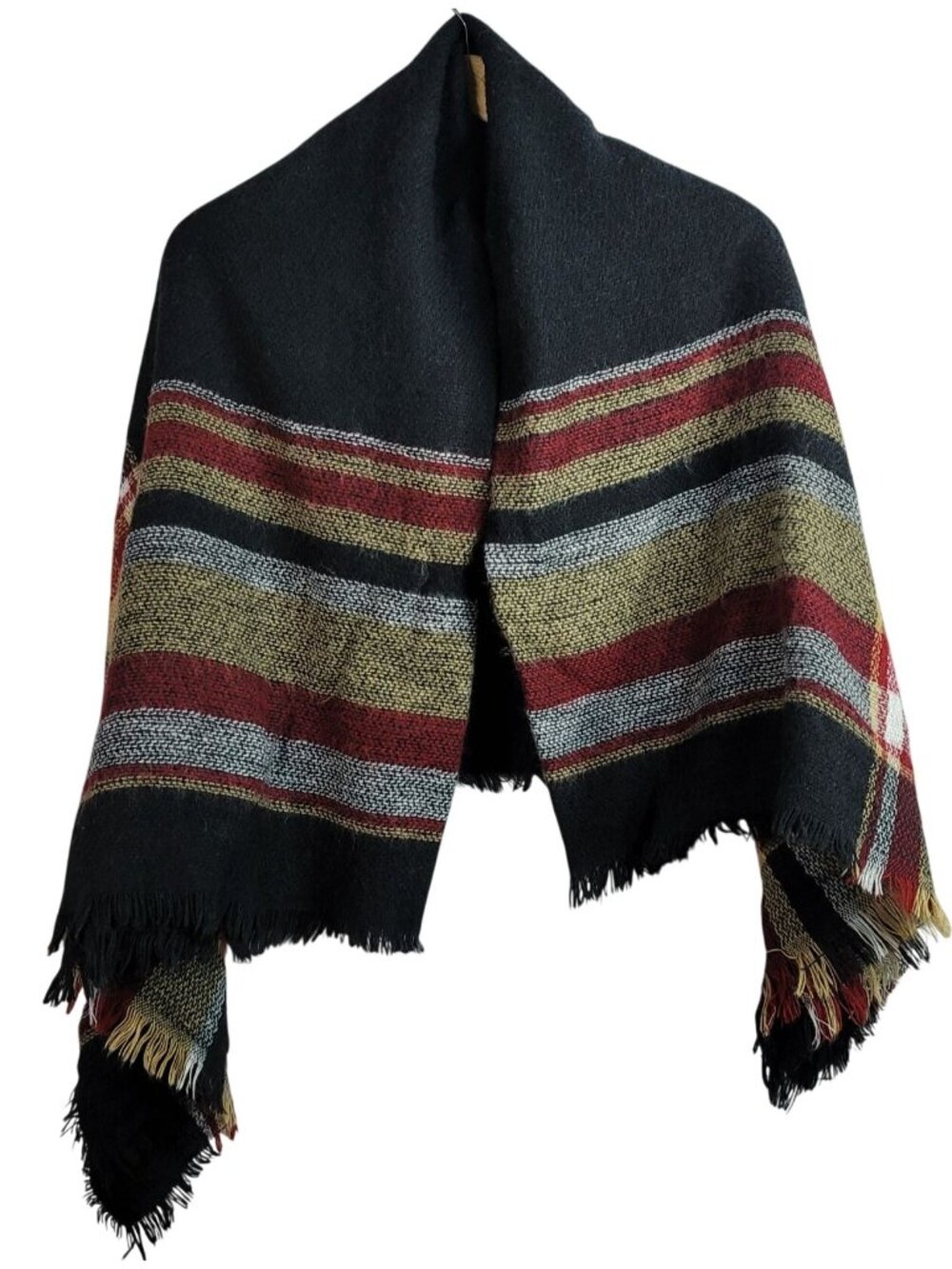 Womens Blanket Scarf Black Gold Red One Size Fringe Multiway Wear Plaid Soft